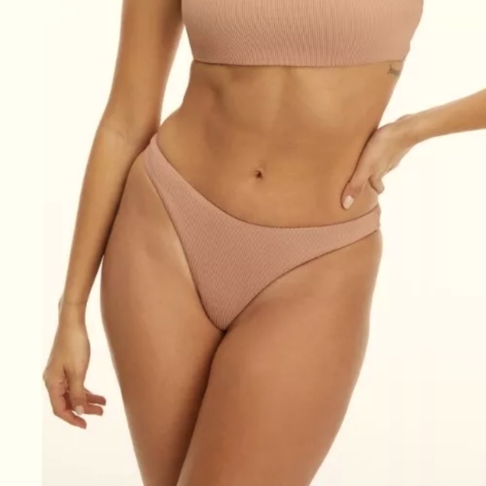 Good American Ribbed Better Bikini Cheeky Bottoms Size 2 Medium Desert Tan Brown